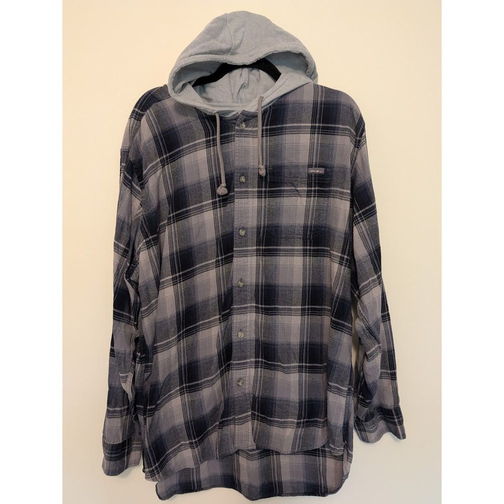 Eddie Bauer Hooded Flannel Shirt Mens XL Plaid Button Down Shacket Gray Navy